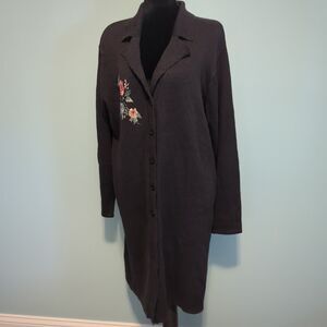 Vintage Jenny Long Cardigan Sweater W Cross Stitch Flowers Front And Back Large